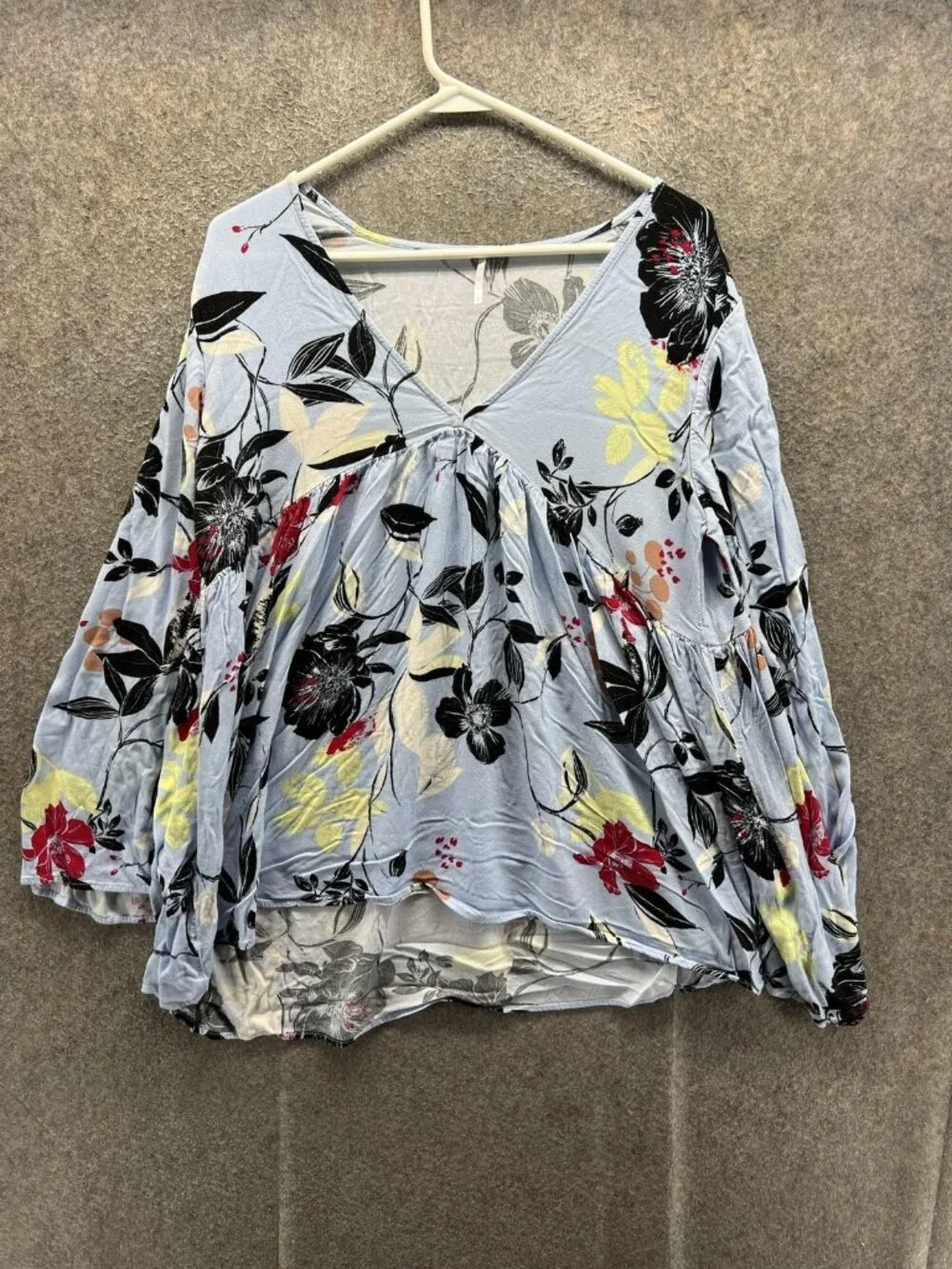 Free People Blouse Women Large Blue Floral V Neck Balloon Sleeve Ruffle Tunic